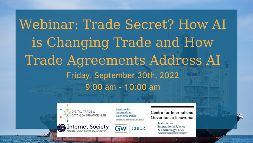IIEPGW's tweet photo. HAPPENING NOW: Join us now with @DataGovHub to hear speakers @EmilyJonesBSG and @neha_mishra_nm discuss how artificial intelligence is both expanding trade and altering trade. Interested in learning more? Join us now on Zoom: https://t.co/QCBwhI3y3G #AI #trade #EconTwitter https://t.co/la0pA0GxKh