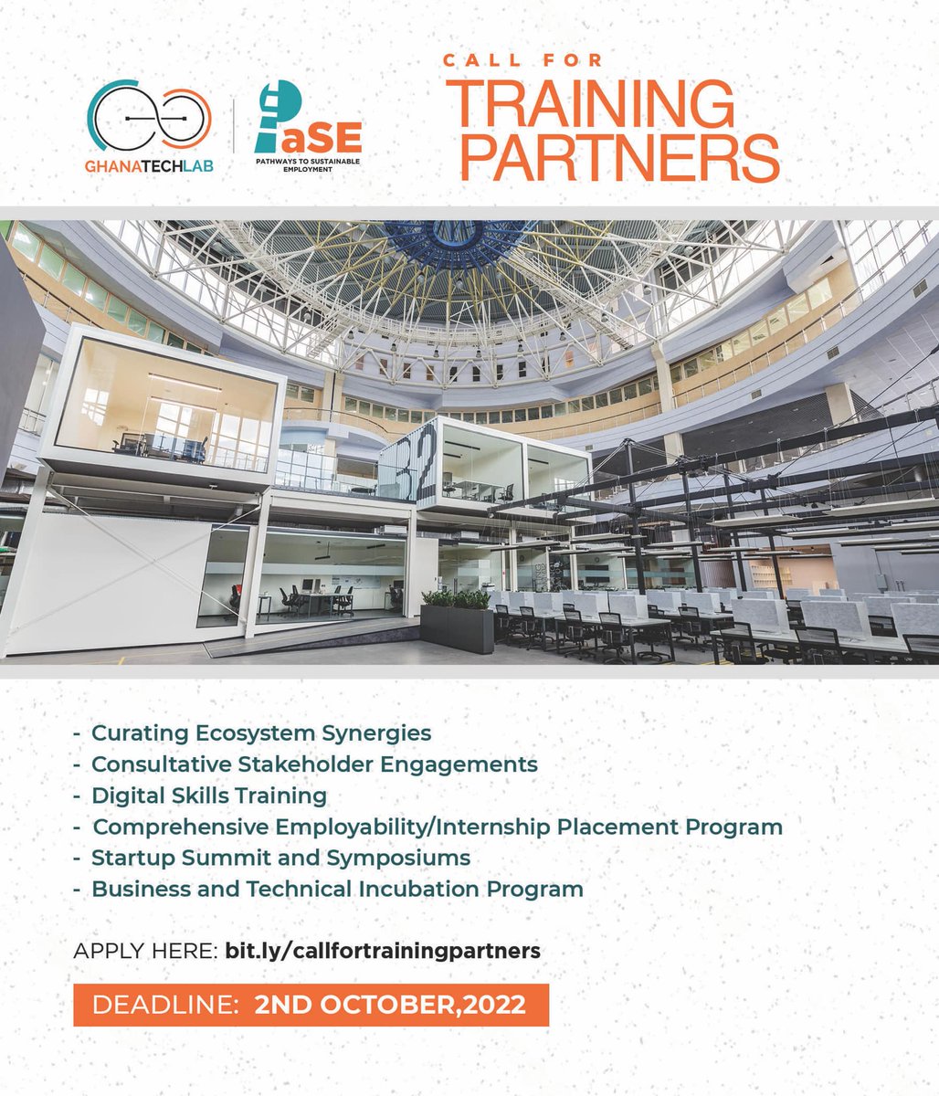 GhanaTechLab's tweet image. Do you have the zeal and resources to provide support through digital skills training?

Apply now as a training partner to join our Base Innovation Program under the Pathways to Sustainable Employment project.

Apply here: partners-recruitment.ghanatechlab.com

#GhanaTechLab
#BaseProgram