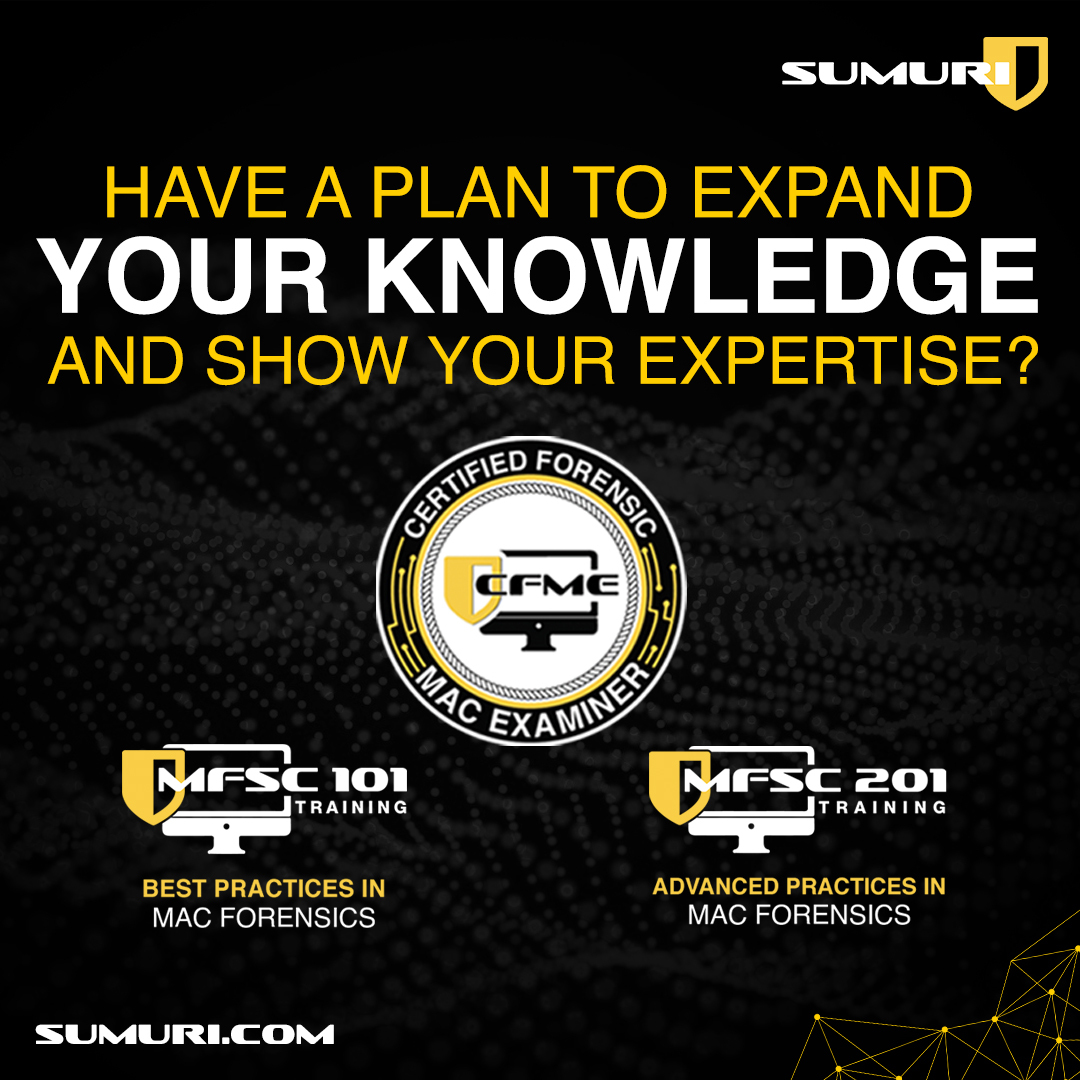 SUMURIForensics's tweet photo. The SUMURI Plan of Excellence:
- MFSC-101 Best Practices in Mac Forensics
- MFCS-201 Advanced Practices in Mac Forensics
- Certify as a CFME
Call to Action: Find Out More https://t.co/NwxFyRKhQc https://t.co/uhUXsoEi4i
#SUMURI #Training #MFSC101 #MFSC201 #MacTraining https://t.co/Lx053gTiCp