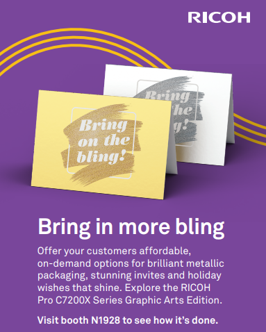 RicohUSAGC's tweet photo. Offer your customers affordable, on-demand options for brilliant metallic packaging, stunning invites and holiday wishes that shine! Explore the RICOH Pro C7200X Series Graphic Arts Edition in booth N1928 at #PrintingUnited. #5thColorFriday https://t.co/2bUfWiwLoJ https://t.co/uleT162GTE