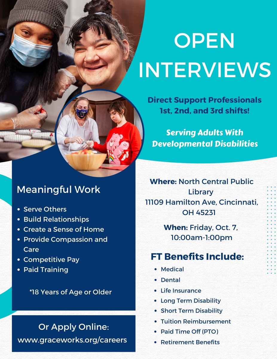 Looking for meaningful work with competitive pay?

Graceworks #EnhancedLiving will hold open interviews for #DirectSupportProfessional positions Friday, 10/7
10am-1pm
11109 Hamilton Ave #Cincinnati

#CincyJobs #DevelopmentalDisabilities <a href="/DODDohio/">Ohio Department of Developmental Disabilities</a>