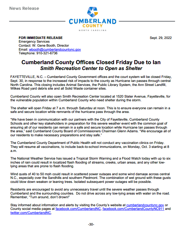 Cumberland County offices will be closed today due to the inclement weather. Smith Recreation Center will serve as a shelter for those in need.