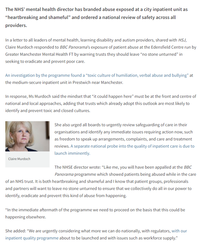 emilyltownsend's tweet image. NEW: NHSE director @ClaireCNWL orders national review after @BBCPanorama exposes abuse

Claire Murdoch brands events @GMMH_NHS “shameful” + orders “immediate” nationwide review of safety 

Warns mindset that “it could happen here” must be front and centre hsj.co.uk/mental-health/…