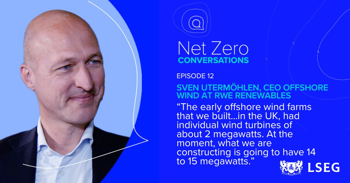 FTSERussell's tweet photo. Wind turbines today have evolved from the ones used in the early offshore wind farms. Listen as Sven Utermöhlen, CEO Offshore Wind at @RWE_AG discusses the increase in megawatts per #WindTurbine. Watch now: https://t.co/1DI1HcCHHE #NetZeroConversations https://t.co/IxNc36kJ1r