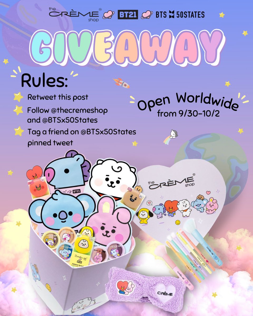 BTSx50States's tweet photo. ARMY!!! 
We are so excited to announce that we have partnered up with @TheCremeShop for an awesome giveaway! 

Check out the poster for the rules on how to enter 💜 
@BTS_twt #BTSARMY #BTS https://t.co/8GrIXq974k