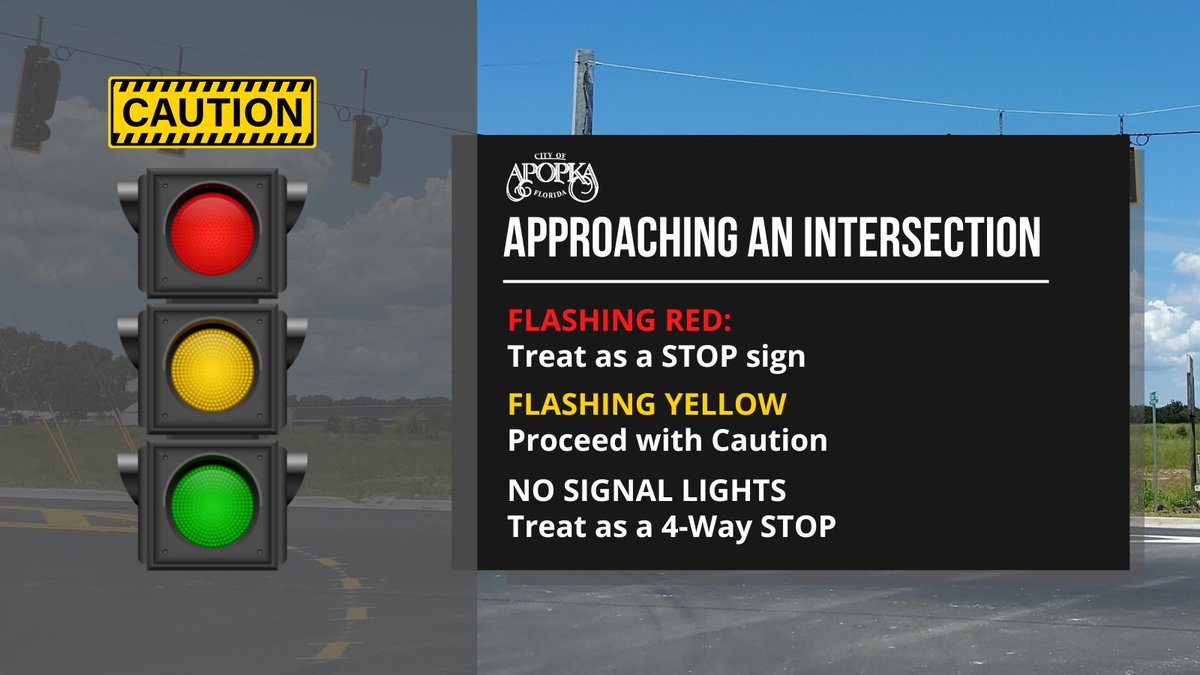 Remember to use Caution when approaching an intersection.
Flashing Red: Treat as a Stop Sign. 
Flashing Yellow: Proceed with Caution. 
No Signal Lights: Treat as a 4-Way Stop. 
Visit our Storm Safety Tips for additional after storm tips: apopka.gov/653/Storm-Safe…