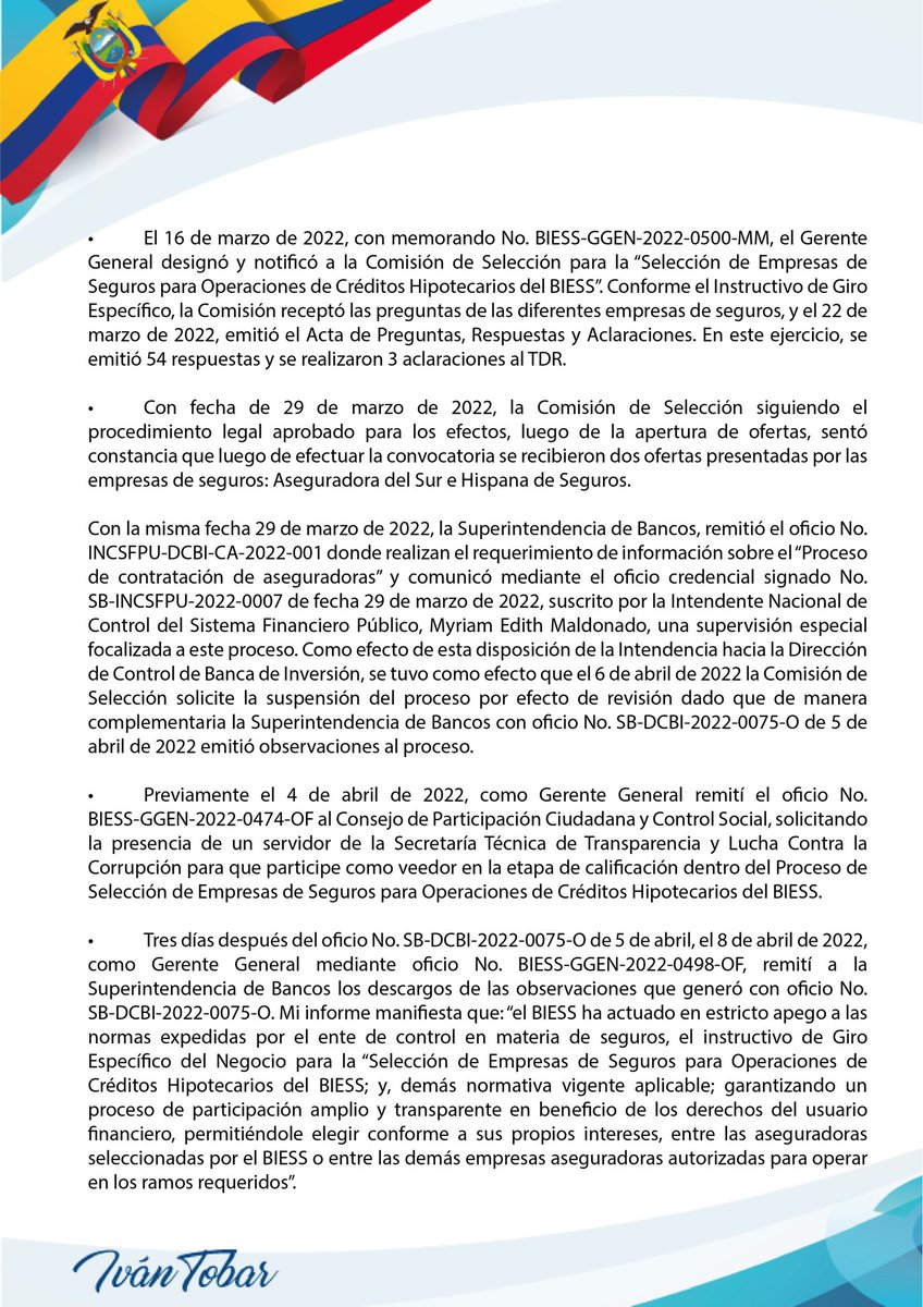 IvanFTobar's tweet photo. Abro🧵 
Hace una semana fui removido de la Gerencia del #Biess, por cumplir lo que establece la Ley respecto a la selección de empresas de seguros de desgravamen para Préstamos Hipotecarios. 

A continuación demuestro los hechos documentadamente

Link: https://t.co/9d7w6UyzoU https://t.co/UGfKP8dLLN