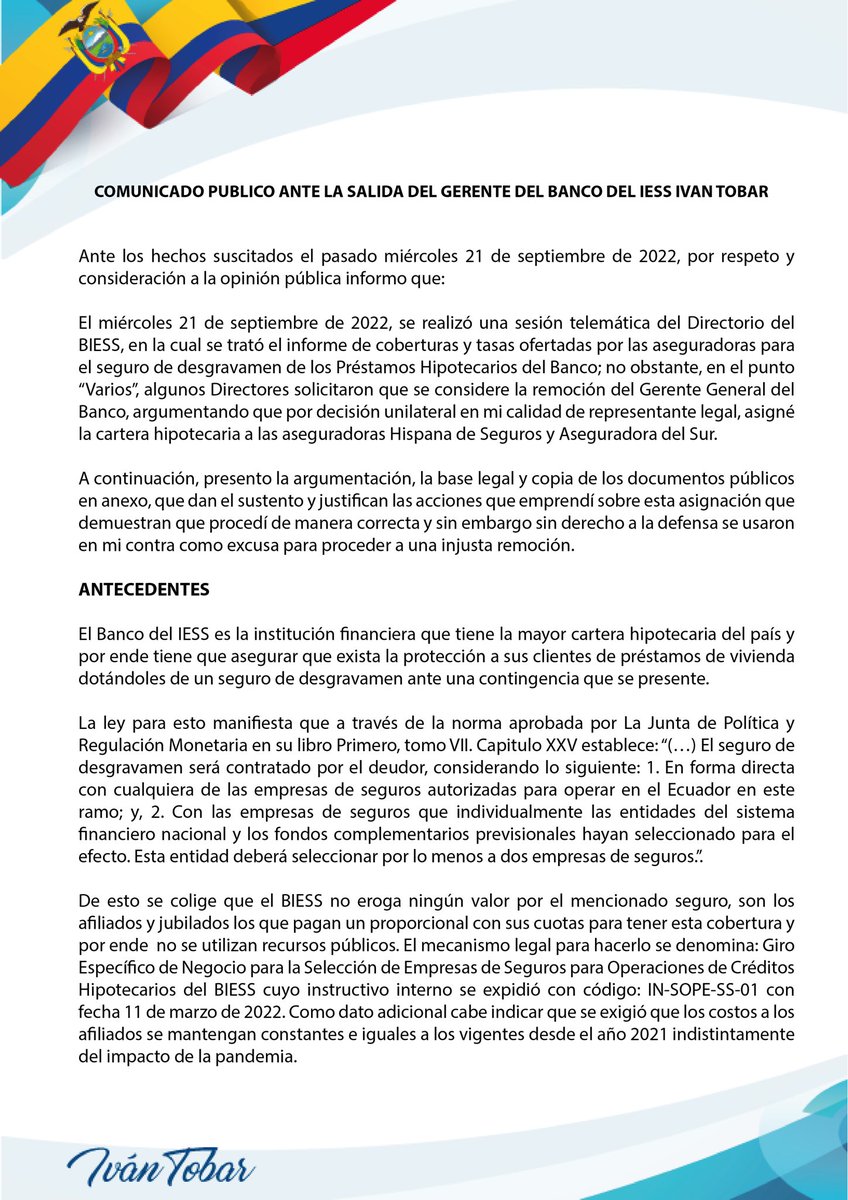 IvanFTobar's tweet photo. Abro🧵 
Hace una semana fui removido de la Gerencia del #Biess, por cumplir lo que establece la Ley respecto a la selección de empresas de seguros de desgravamen para Préstamos Hipotecarios. 

A continuación demuestro los hechos documentadamente

Link: https://t.co/9d7w6UyzoU https://t.co/UGfKP8dLLN