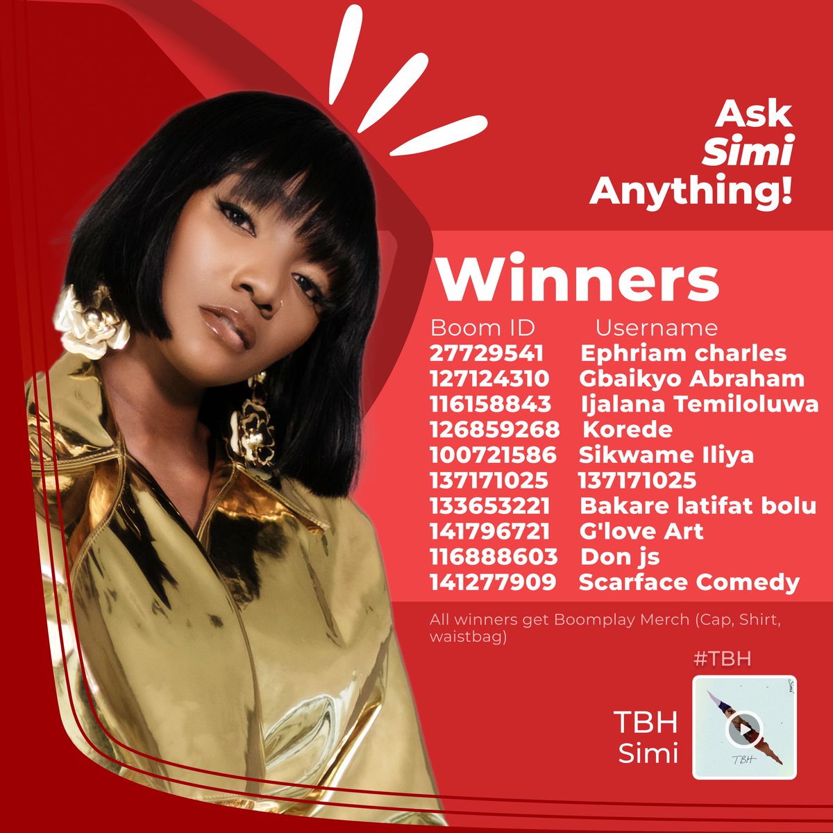 BoomplayNigeria's tweet photo. We got #SimiArmy to ask the queen @SympLySimi questions about her special album #TBH, and they came in droves. π€©π₯
Congratulations to these winners from the #AskSimi session. π₯³
#BoomplayXSimi #HomeOfMusic #Boomplay https://t.co/uFbAokbjUj