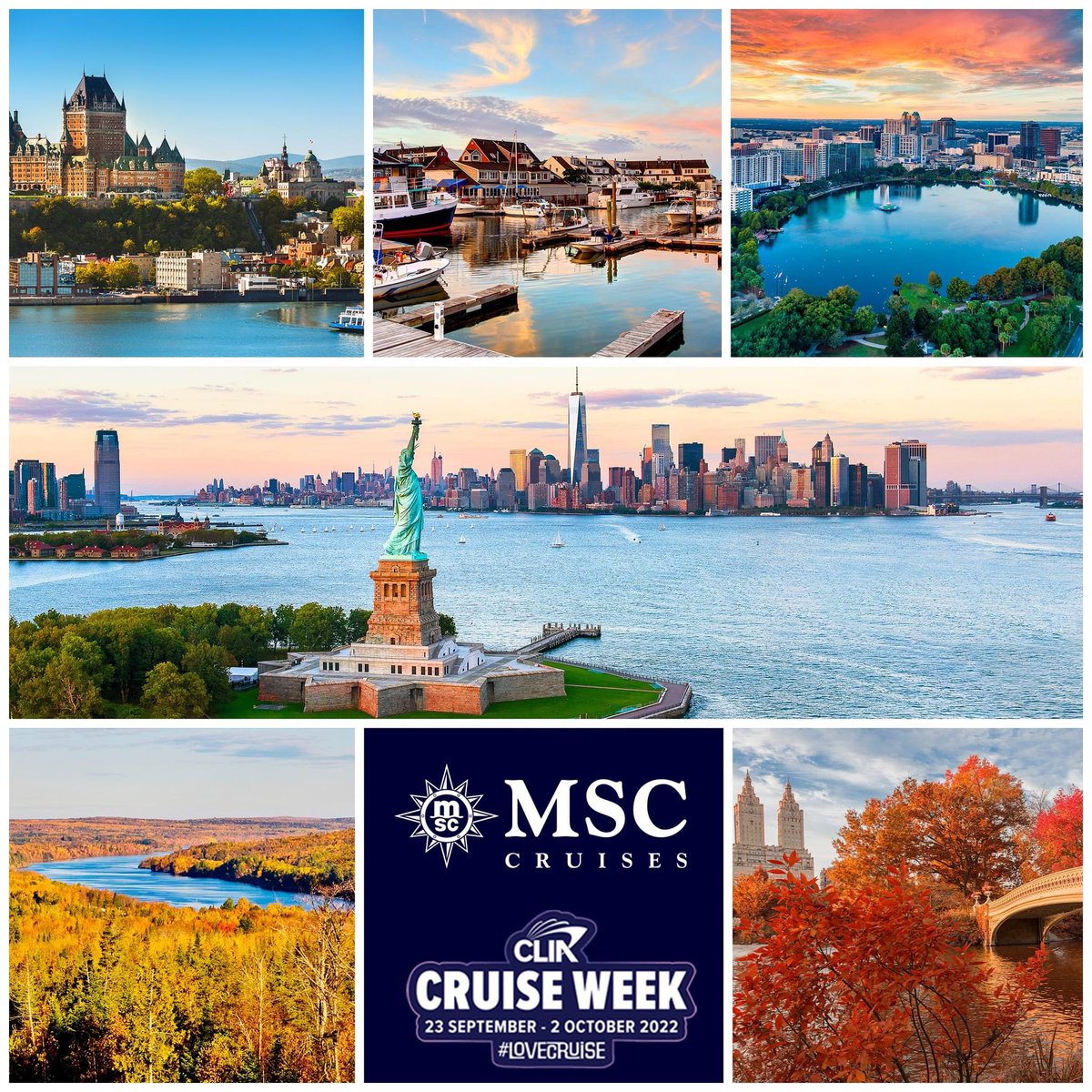 New York, New York! 🗽💙 MSC Meraviglia will be sailing out of New York for the first time and will be calling into Canada &amp; New England on 10 or 11-night sailings throughout September &amp; October 2023. 

Perfect autumnal cruising! 🍂#LoveCruise #CLIACruiseWeek