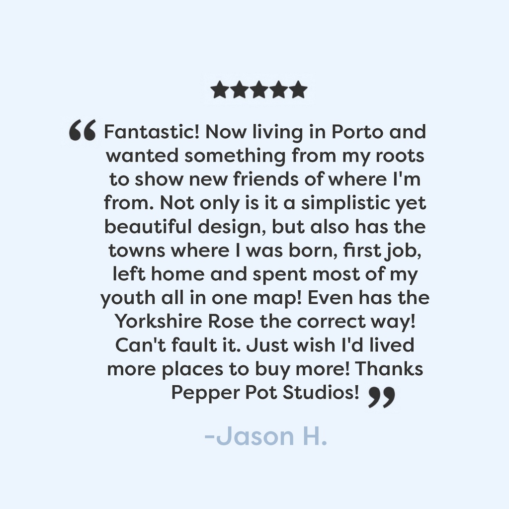 pepperpotstudio's tweet photo. ⭐️⭐️⭐️⭐️⭐️ "Fantastic! Now living in Porto and wanted something from my roots to show new friends of where I'm from. Not only is it a simplistic yet beautiful design, but also has the towns where I was born, first job, left home and spent most of my youth all in one map!" - Jason https://t.co/sl3hcVW4iE