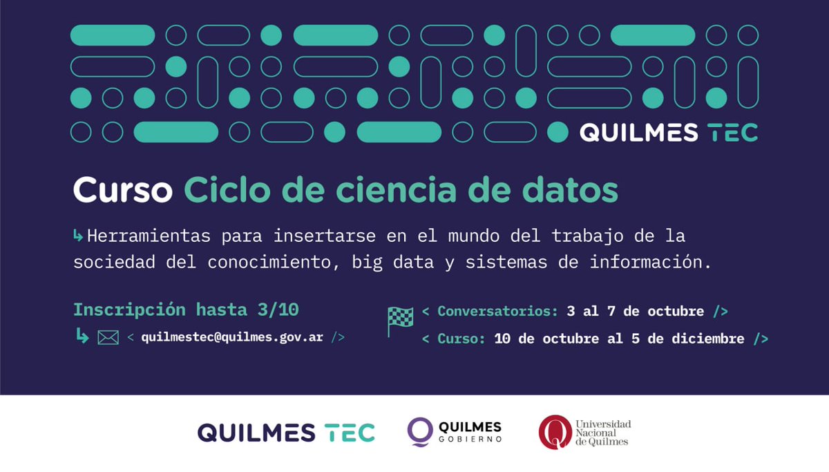 QuilmesMuni's tweet photo. 💻 Desde #QuilmesTec te invitamos a participar del curso sobre análisis y ciencia de datos para conocer nuevas herramientas para insertarte en el mundo laboral.

Tenés tiempo de inscribirte hasta el 3 de octubre y podés hacerlo vía mail a quilmestec@quilmes.gov.ar

#SomosQuilmes https://t.co/ggHetbQ3kY