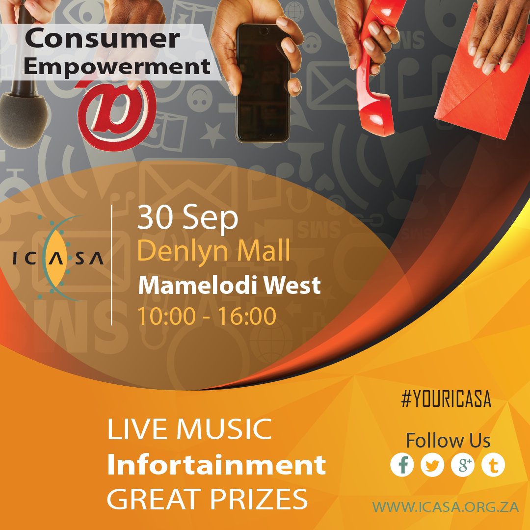 ICASA (@icasa_org) on Twitter photo Today we are in Mamelodi West, at Denlyn Mall to talk to the community about our role in the ICT sector and the services we provide. We are joined by
<a href="/FPB_ZA/">Film and Publication Board</a> <a href="/dotZADNA/">.za Regulator</a> <a href="/SAPoliceService/">SA Police Service 🇿🇦</a> <a href="/GCISGauteng/">GCIS Gauteng Prov Office</a> <a href="/Credit_Ombud/">CreditOmbud</a> <a href="/MotorOmbudsman/">Motor Industry Ombudsman of South Africa</a> <a href="/Capitallivesa1/">CapitalliveSA99.0FM</a> & <a href="/MamsRadio/">Mams Radio 92.9</a> #consumerawareness Today we are in Mamelodi West, at Denlyn Mall to talk to the community about our role in the ICT sector and the services we provide. We are joined by
<a href="/FPB_ZA/">Film and Publication Board</a> <a href="/dotZADNA/">.za Regulator</a> <a href="/SAPoliceService/">SA Police Service 🇿🇦</a> <a href="/GCISGauteng/">GCIS Gauteng Prov Office</a> <a href="/Credit_Ombud/">CreditOmbud</a> <a href="/MotorOmbudsman/">Motor Industry Ombudsman of South Africa</a> <a href="/Capitallivesa1/">CapitalliveSA99.0FM</a> & <a href="/MamsRadio/">Mams Radio 92.9</a> #consumerawareness