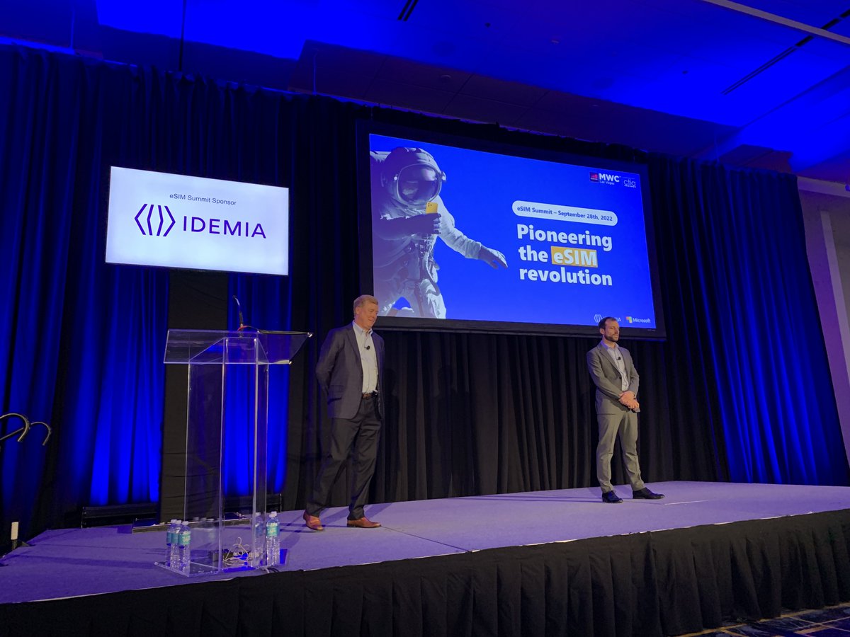 IDEMIA_IST's tweet photo. Sylvain Givord of IDEMIA and Ken Cavanaugh of @Microsoft talked about pioneering the eSIM revolution at this week's #eSimSummit as part of #MWC Las Vegas. https://t.co/Q8gyZSXzYW