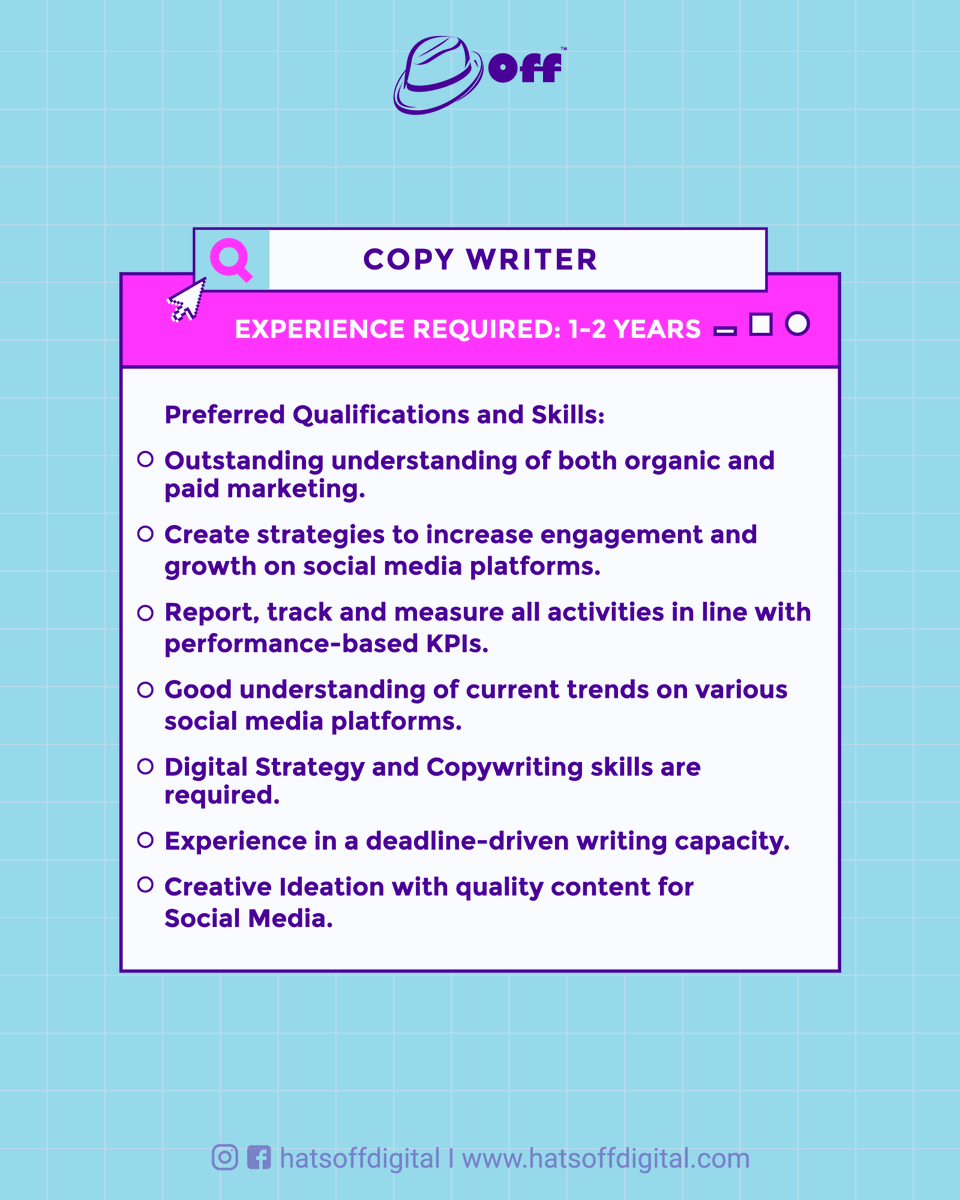 hatsoffdigital's tweet photo. We want you to be part of the team that helps us develop strategies to increase engagement and reach while developing creative ideas with clarity, beauty, and purpose.
#hiring #hiringnow #hiringcopywriters #nowhiring #hiringalert #wearehiring #resume #job #apply #applynow https://t.co/YgYX15474t
