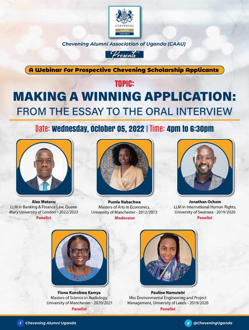 Applying for the <a href="/CheveningFCDO/">Chevening Awards🇬🇧</a> scholarship 2023/2024? The <a href="/CheveningUganda/">Chevening Alumni Uganda</a> will be holding a webinar on how to make a winning application. The webinar will take place on Wednesday 5th October 2022 from 4pm to 6.30pm.
Zoom details to follow
#BeChevening 
#cheveningugandadialogues