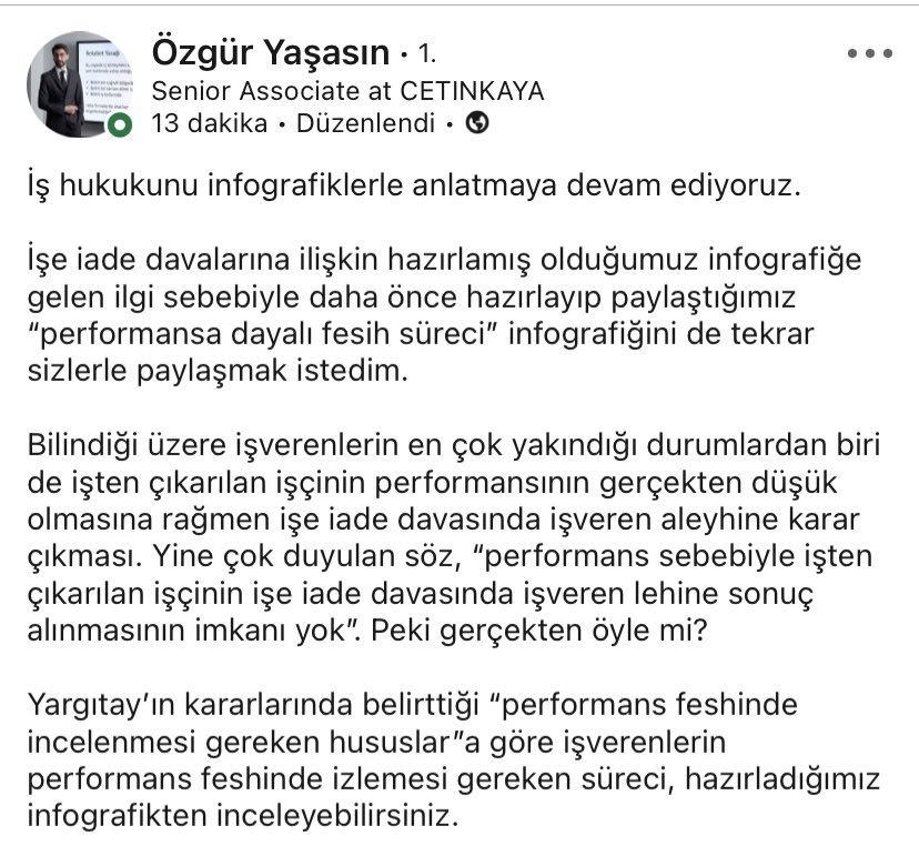 AvTarikCilekci's tweet photo. “performans sebebiyle işten çıkarılan işçinin işe iade davasında yol haritası” https://t.co/6rAnC1yX2i