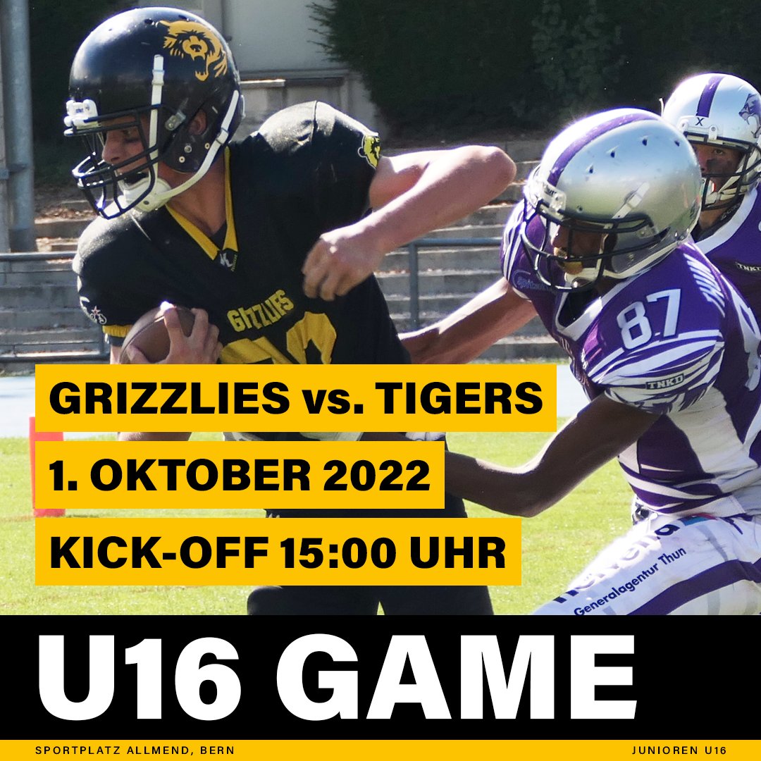 Bern Grizzlies (@berngrizzlies) on Twitter photo Auf zum letzten regulären Spiel der Saison: Am Samstag spielen unsere U16-Junioren im Derby gegen die <a href="/afcthuntigers/">AFC Thun Tigers</a>. 🔥🏈
📅 Samstag, 1. Oktober 2022
🕑 Kick-off 15:00 Uhr
📍 Sportplatz Allmend, Bern (Kunstrasenfeld 1)
#BernGrizzlies #AmericanFootball #U16 Auf zum letzten regulären Spiel der Saison: Am Samstag spielen unsere U16-Junioren im Derby gegen die <a href="/afcthuntigers/">AFC Thun Tigers</a>. 🔥🏈
📅 Samstag, 1. Oktober 2022
🕑 Kick-off 15:00 Uhr
📍 Sportplatz Allmend, Bern (Kunstrasenfeld 1)
#BernGrizzlies #AmericanFootball #U16