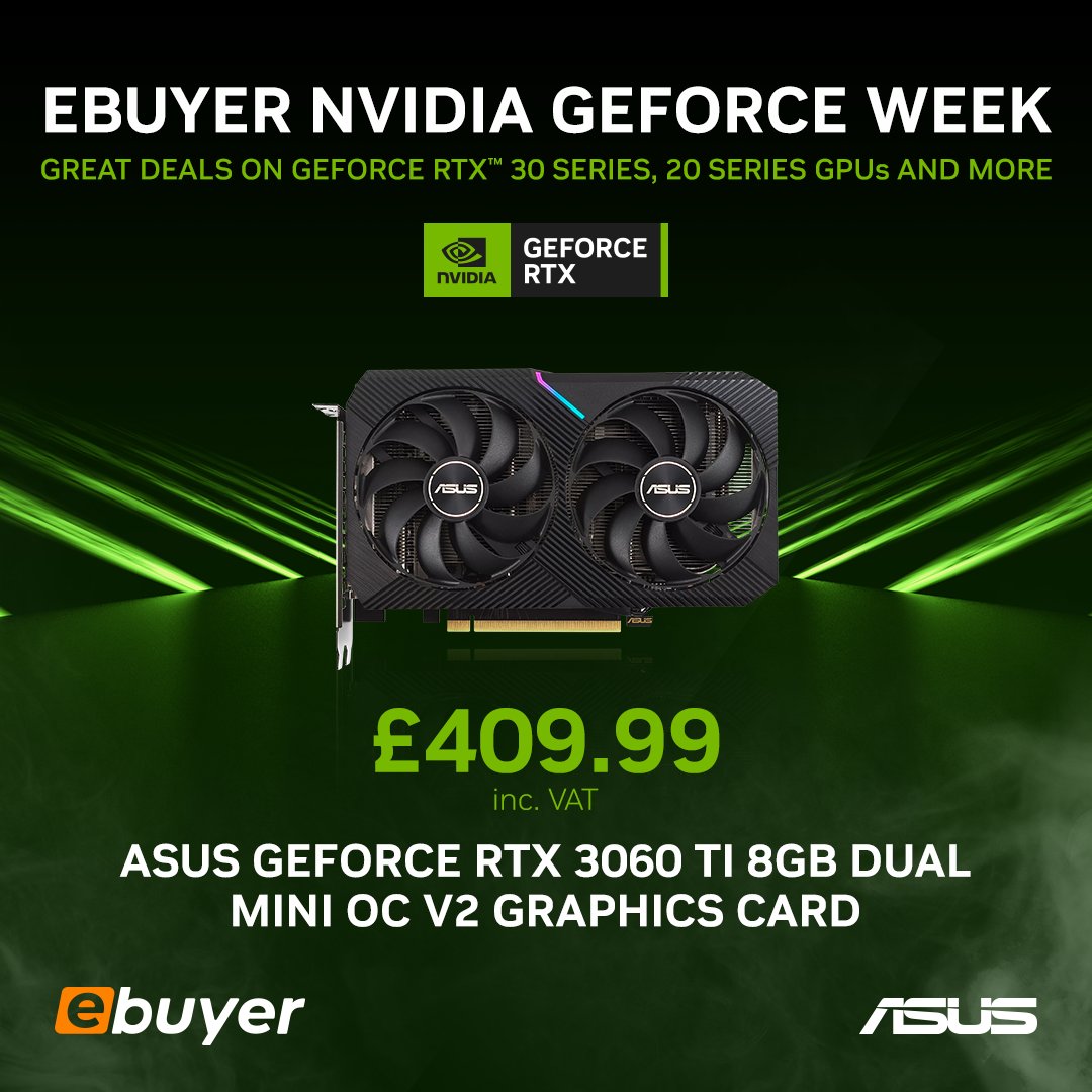 Ebuyer's tweet photo. π’ It's Friday, but GeForce Week isn't over yet! π’
The perfect card for a compact build. This small card delivers giant performance with 8GB GDDR6 & a boost clock speed up to 1710MHz.
Check it out now and save £££s π https://t.co/xF75xtVhQM
@NVIDIAGeForceUK #GeForceWeek https://t.co/euDqWGjj9k