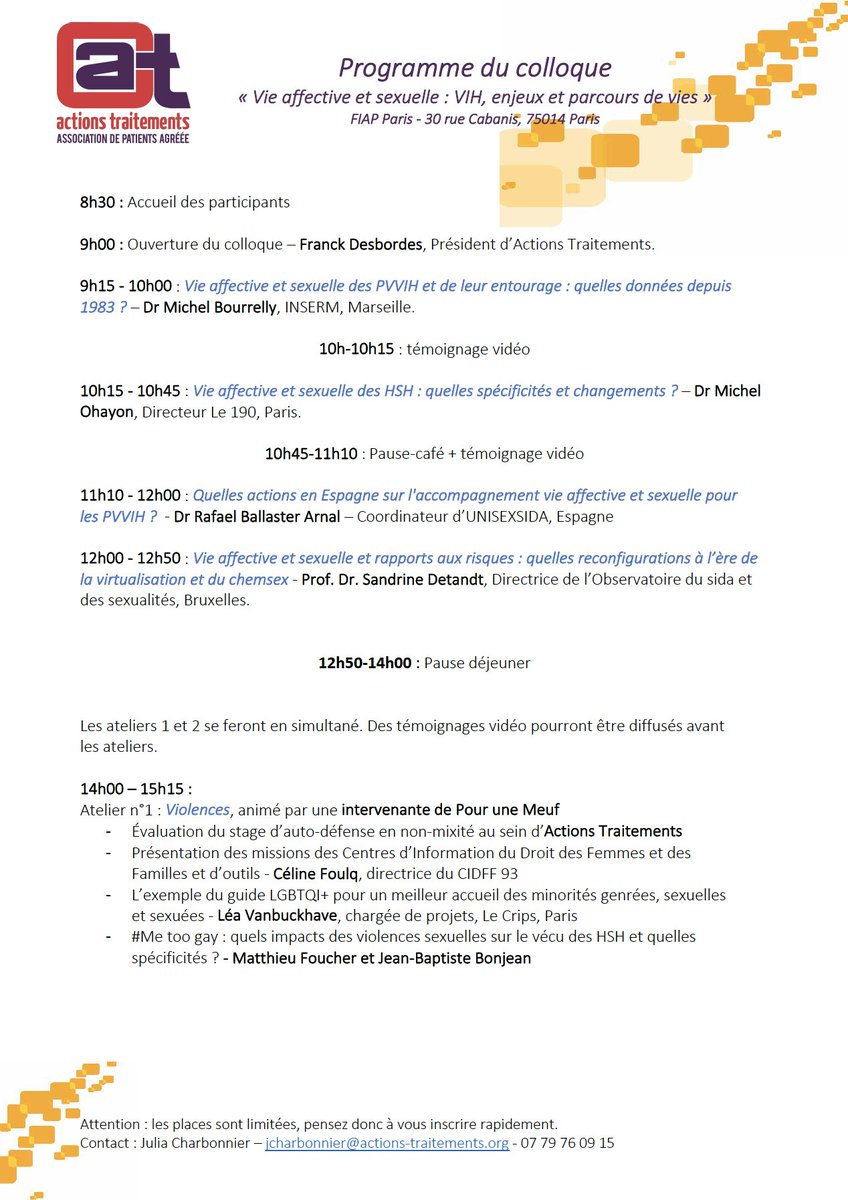 Association_AT's tweet photo. [COLLOQUE] 💡
Notre colloque scientifique approche ! 
ℹ️: "Vie affective et sexuelles : #VIH, parcours et enjeux"
📅 : du 13 octobre 2022
📍 : FIAP Paris 14e
- Programme détaillé : voir photos

Pour participer, vous avez 2 options : 
=> on vous explique tout ⤵️ https://t.co/TuV1ROIjTy