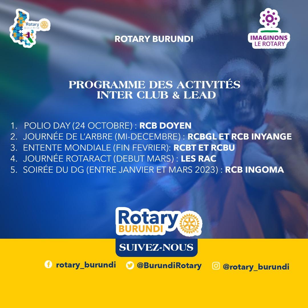 Cher(e)s ami(e)s, veuillez prendre en considération le #programme des activités #inter #club de l'année rotarienne 2022-2023 et respectivement les clubs leaders de chaque activité.
#rotaryinternational 
#district9150 
#rotaryburundi 
#rotaractburundi 
#imaginonslerotary