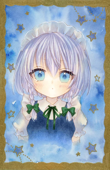 ハガキサイズ原画水彩とコピックを併せて使ってみました(灬ºωº灬)縁はキラキラです!#コピック #東方Project #イラスト 