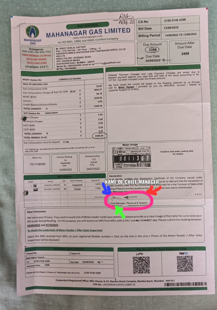 daftaryrohit1's tweet photo. @mahanagargas
@daftaryrohit1
Dt.30AUG.22,12.59hrs. 
JJ.🙏🇮🇳Namaskar,
🌹  Shubh Prabhat,     
Resp.Sir,           
We are forwarding IMAGE of our P NG.bill,for your ready ref Pl allow N ame of Chief Man.Revenue &amp; Tex.
MGL.signs PNG.Bill.    
Thanks, https://t.co/nKROva81z1