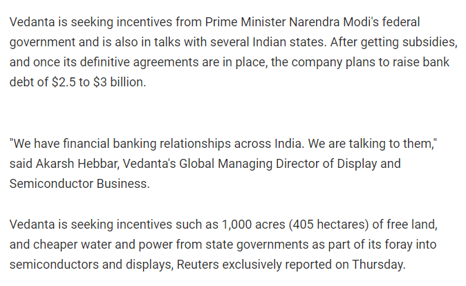 Loquacious_Lion's tweet photo. The Semiconductor Plant to be put up by Vedanta is the perfect example of whatever form of Capitalism New India practices.

50% cost to be funded by banks from public money.

50% cost to be  borne by the people as subsidies.

And the land comes free. https://t.co/HD8WiBZCVA