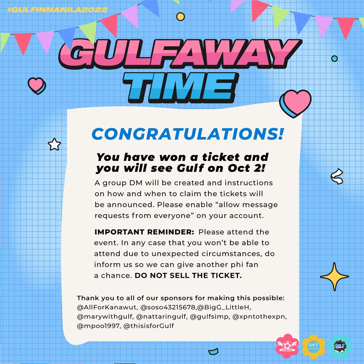 FORGKNW's tweet photo. (1/3)

 [ GA UPDATE ]

Here are the 33 winners of VIP C ticket for #GulfinManila2022 🎉

We would like to extend our deepest gratitude to our sponsors for making this possible 🤍

#GulfKanawut https://t.co/O78Pp5tatz