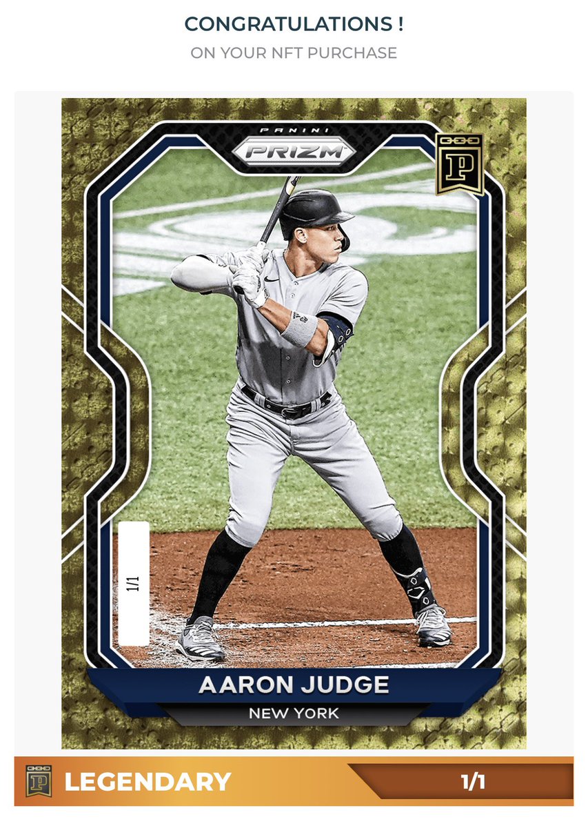 👀🤤💫⚾️🚀

Celebrating his 61th homer and anticipating his possible 62 in the remaining games. All time great season against current level of pitch techniques and speed.

@TheJudge44 @Yankees 

@PaniniAmerica #PaniniNFT
#prizm #GV1of1 #goldvinyl #MLBPA #whodoyoucollect #homerun