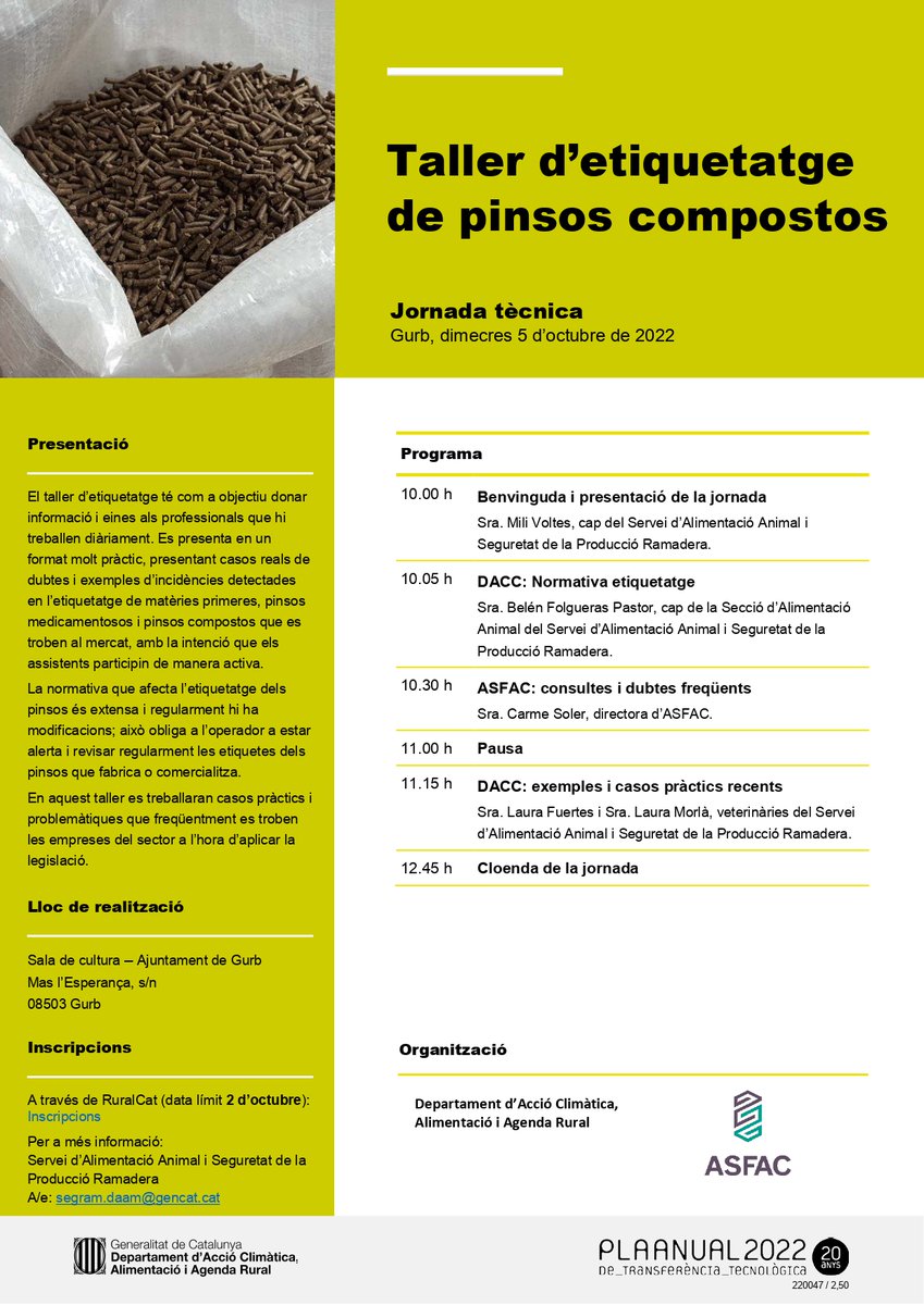 📌Jornada tècnica:"Taller d’etiquetatge de pinsos compostos" #PATT2022

📅05/10/22
⌚️10:00 h
📍Gurb

ow.ly/FVBZ50KXNEb

<a href="/ASFAC3/">ASFAC</a>