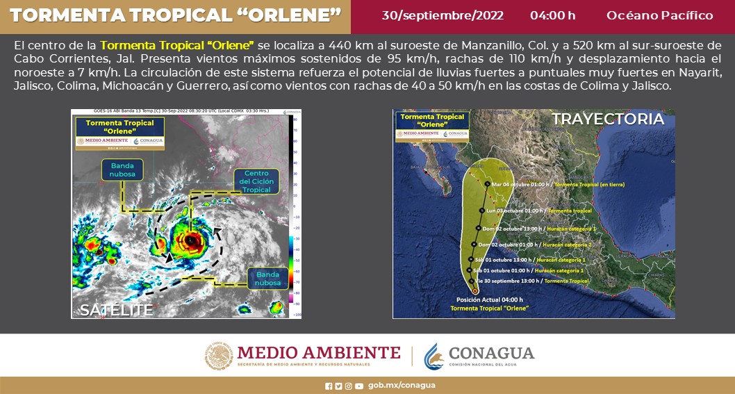Esta noche la #TormentaTropical #Orlene, se ubicó aproximadamente a 440 km al suroeste de Manzanillo, #Colima. Se desplaza hacia el noroeste a 7 km/h. ⚠️Se mantiene en estrecha vigilancia.