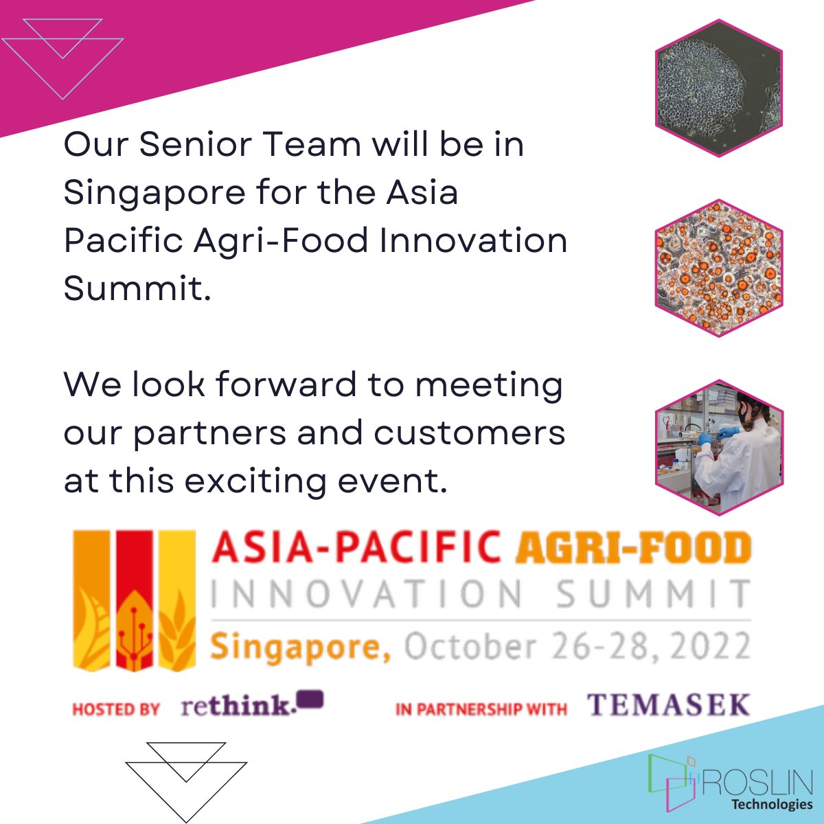 RoslinTech's tweet photo. Are you planning to be in Singapore for #APACAgrifood?
We look forward to meeting with our #partners, #collaborators and #customers at this exciting event.
@APACAgriFood @ScotDevInt #roslintech #getintouch #seeyouthere #singapore #apac #AsiaPacific #CultivatedMeat #altprotein https://t.co/ht8VQbTLlV