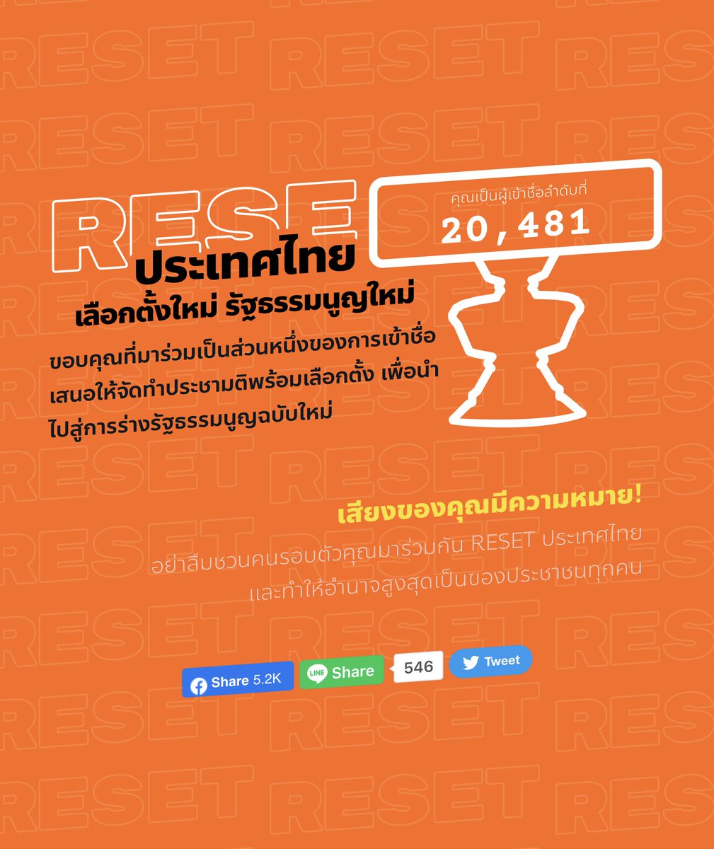 macnmood's tweet image. วันนี้ศาลตัดสินให้ประยุทธ์อยู่ต่อ แต่อย่ายอมกันเลยทุกคน ขอแรงลงชื่อเลือกตั้งใหม่ จัดทำร่างรัฐธรรมนูญใหม่กันหน่อยค่ะ เราลงตั้งแต่วันที่ 22 เป็นคนที่ 20400 วันนี้วันที่ 30 แล้วยัง 23k รายชื่ออยู่เลย 🥲 ต้องการรายชื่ออีกจำนวนมาก

resetthailand.org

#นายก8ปี #ประยุทธ์ออกไป