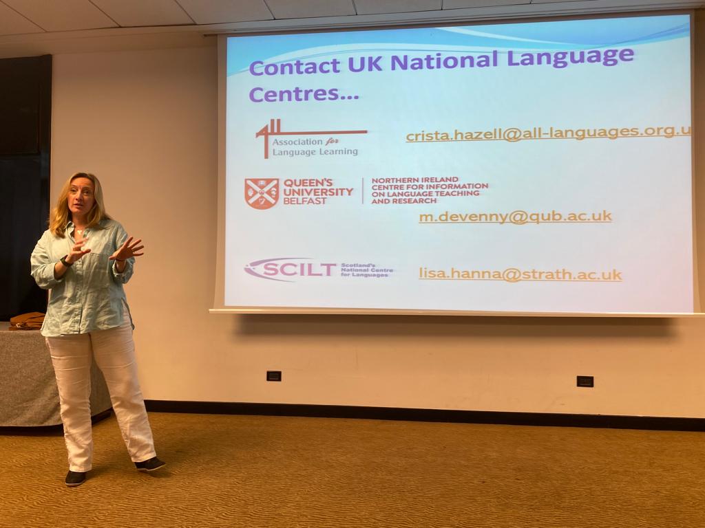 LfeeEurope's tweet photo. Crista Hazell (@ALL4language ), Lesley Atkins (@GlasgowIntEd), Lisa Hannah (@scottishcilt) and Michelle Devenny (@Queens_Belfast) presenting yesterday at #DIPS22 in our "UK corner". Thank you very much to all of you! #LFEE #Interacting #Partnerships https://t.co/HzAsUD7oYg