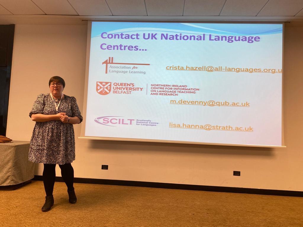 LfeeEurope's tweet photo. Crista Hazell (@ALL4language ), Lesley Atkins (@GlasgowIntEd), Lisa Hannah (@scottishcilt) and Michelle Devenny (@Queens_Belfast) presenting yesterday at #DIPS22 in our "UK corner". Thank you very much to all of you! #LFEE #Interacting #Partnerships https://t.co/HzAsUD7oYg