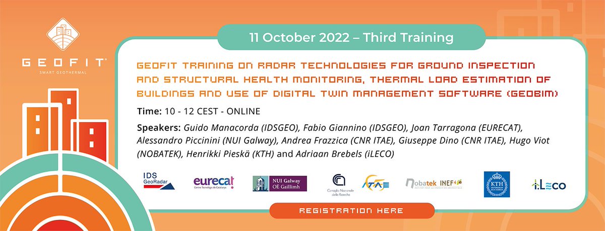📢 The 3rd <a href="/EuGeofit/">Geofit Project EU</a> training will be held on 11th October 2022.

Interested in radar technologies for ground inspection &amp; structural health monitoring? Would you like to learn more about the use of #digitaltwin software?

➡️ Join us! Registration here: bit.ly/3QPK5Sf