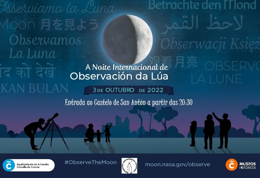 museos_H_coruna's tweet photo. O luns 3 de outubro a partir das 20:30, con motivo da Noite Internacional de Observación da Lúa, diante do Castelo de San Antón, haberá unha observación astronómica pública, grazas á Agrupación Astronómica Coruñesa ÍO. Achégate!! 🔭🌙
 #INOMN2022 #agrupaciónÍo #CulturaCoruña https://t.co/lYQ10aIejE