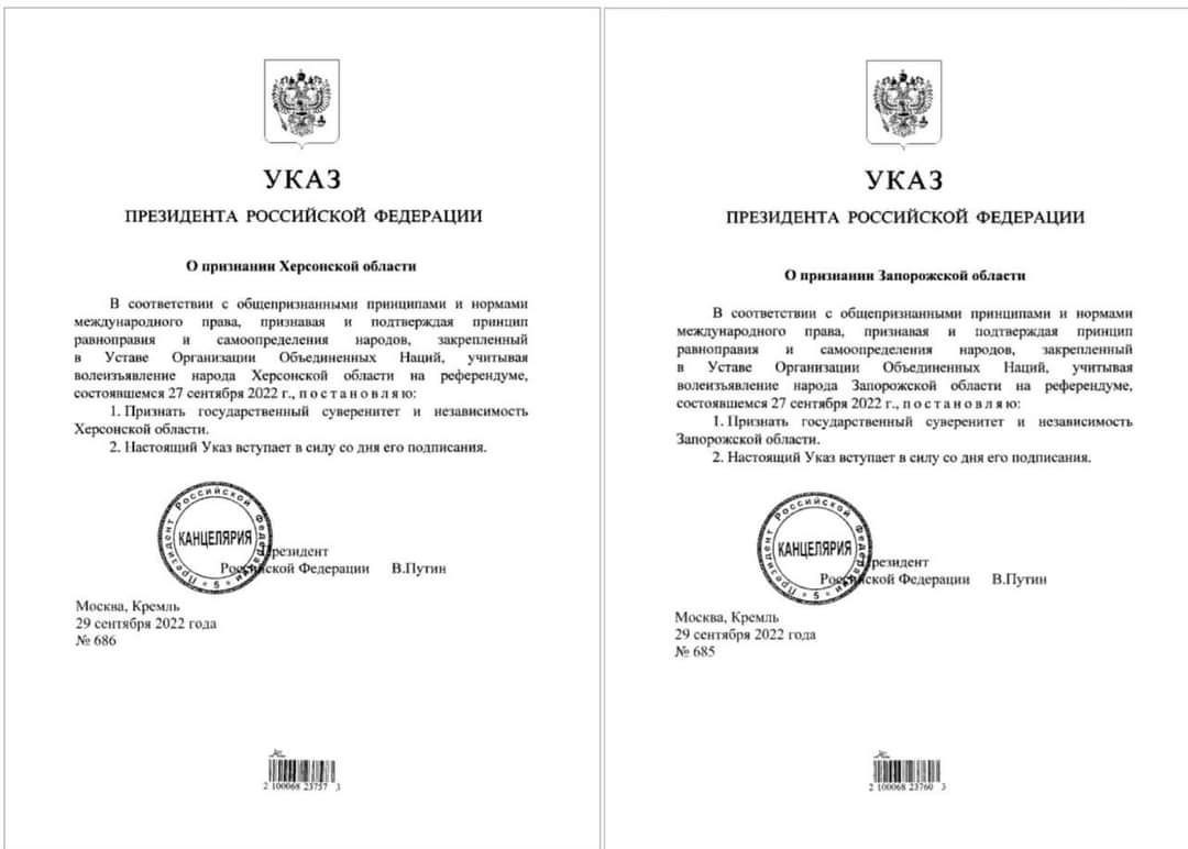 europapalia's tweet photo. 🚨Vladimir #Putin ha firmato l'#ukase che riconosce la sovranità statale e l'indipendenza delle regioni di #Kherson e #Zaporizhye. Si tratta di un formalismo necessario: per il legislatore russo, non si annettono territori #ucraini, ma si integrano soggetti sovrani e indipendenti https://t.co/fSKEtK7zxL