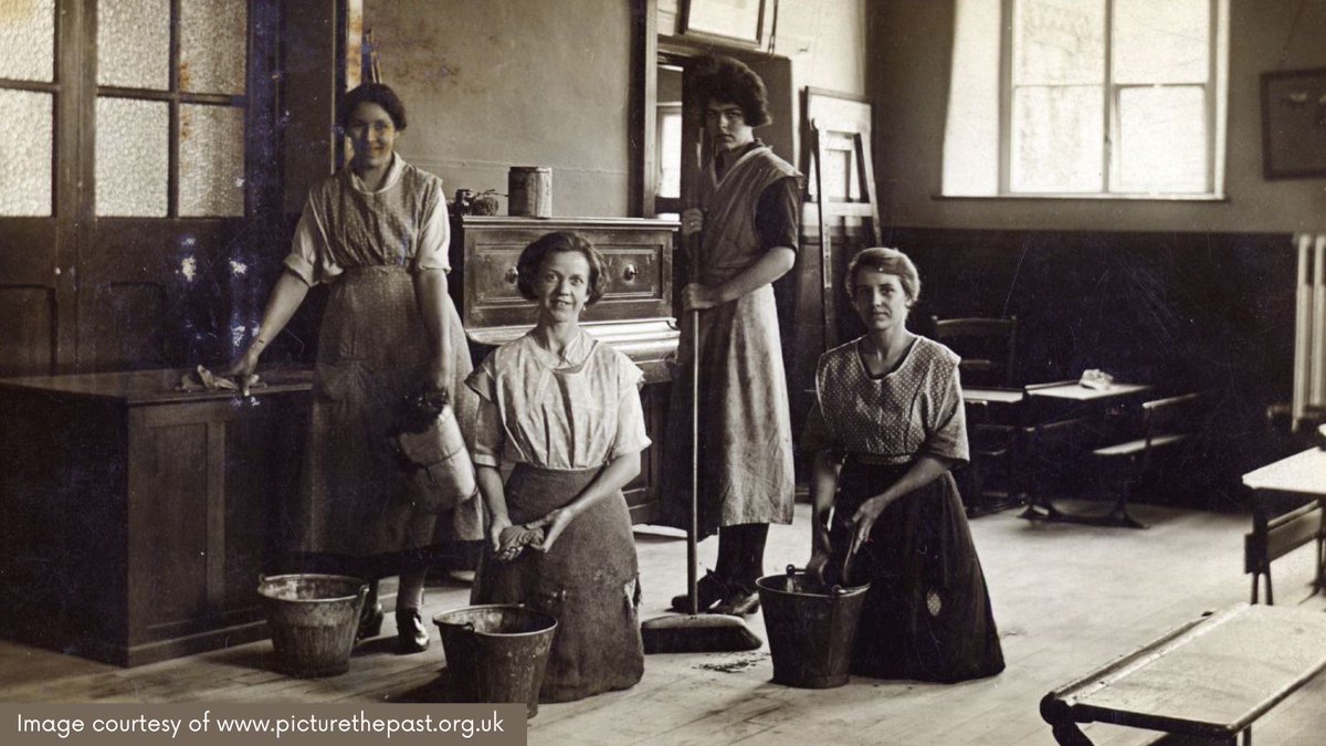 DerbyshireDRO's tweet photo. We have many photos of school children and classrooms in our collection, but here’s an unusual one. On #PhotoFriday we visit the Bolsover Church of England National School in the 1920s, with the most important of people – the cleaners. What would we do without them? 
#EYALearning https://t.co/1hgrvbWzzg