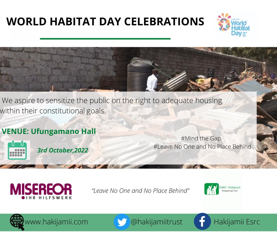 📢📢📢 Join us this coming Monday ( 3rd of October 2022) as we celebrate the #WorldHabitatDay while launching the #StateofHousing Vol. 3 Report. 

#MindtheGap
#LeaveNoOneBehind 
#LeaveNoPlaceBehind