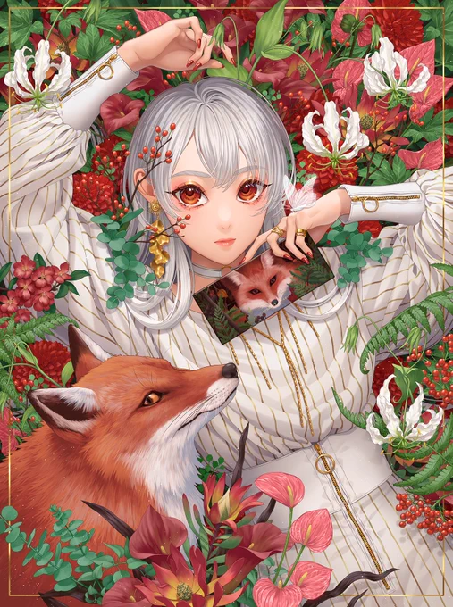 "視線"PERFECT DIARY()の赤狐アイシャドウパレットをイメージして描きました。赤狐の瞳が印象的なおしゃれなパッケージが素敵です。 