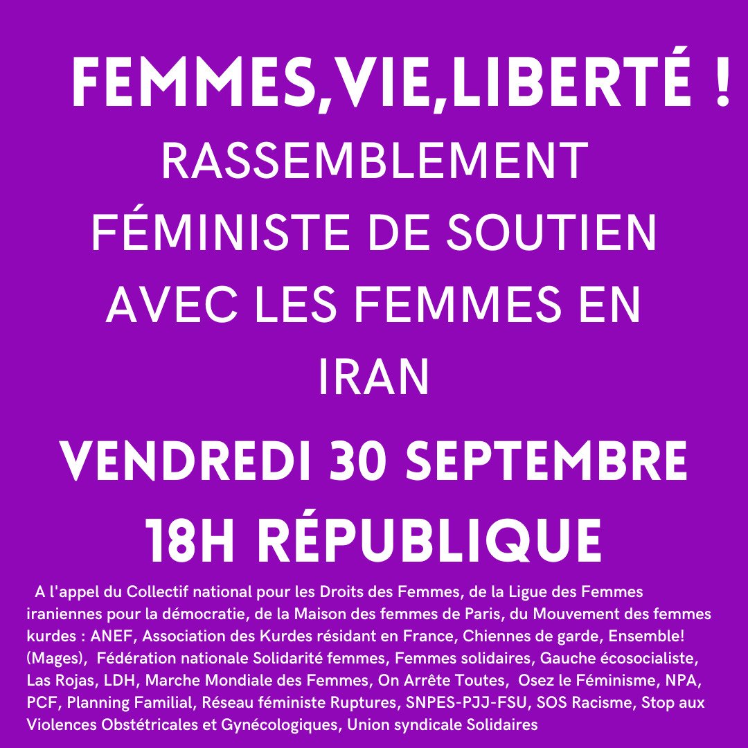 Nous réaffirmons haut et fort notre solidarité avec nos courageuses sœurs iraniennes, qui manifestent pour leur droits et contre le régime réactionnaire et misogyne en #Iran

Nous exigeons que <a href="/EmmanuelMacron/">Emmanuel Macron</a> cesse son silence et dénonce cette répression sanguinaire.

#MashaAmini