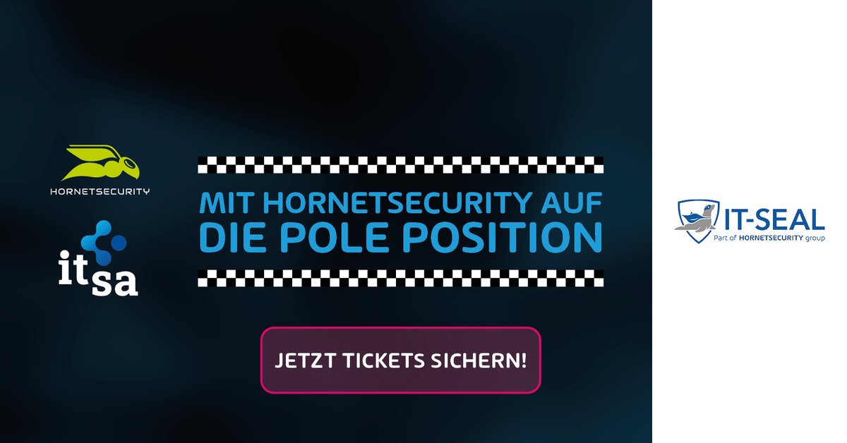 IT-Seal (@it_seal) on Twitter photo Vom 25. bis 27. Oktober gehen wir zusammen mit <a href="/Hornetsecurity/">Hornetsecurity</a> an den Start – denn die #itsa 2022 in Nürnberg steht wieder an. Freuen Sie sich auf Demos, Vorträge, persönliche Gespräche und eine E-Kartbahn für extra Adrenalin. Jetzt Ticket sichern! eu1.hubs.ly/H01R0CW0 #itseal Vom 25. bis 27. Oktober gehen wir zusammen mit <a href="/Hornetsecurity/">Hornetsecurity</a> an den Start – denn die #itsa 2022 in Nürnberg steht wieder an. Freuen Sie sich auf Demos, Vorträge, persönliche Gespräche und eine E-Kartbahn für extra Adrenalin. Jetzt Ticket sichern! eu1.hubs.ly/H01R0CW0 #itseal