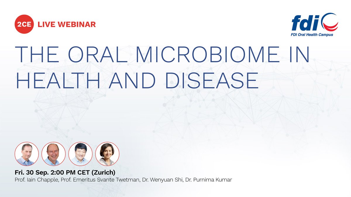 📢 Happening today! 👉 The webinar on oral microbiome in health and disease will be taking place today at 🕑 2PM CET on the 📍 FDI Oral Health Campus. Don’t miss this #ContinuingEducation opportunity. ➡️ Register now: fdi.ngo/3AR3See