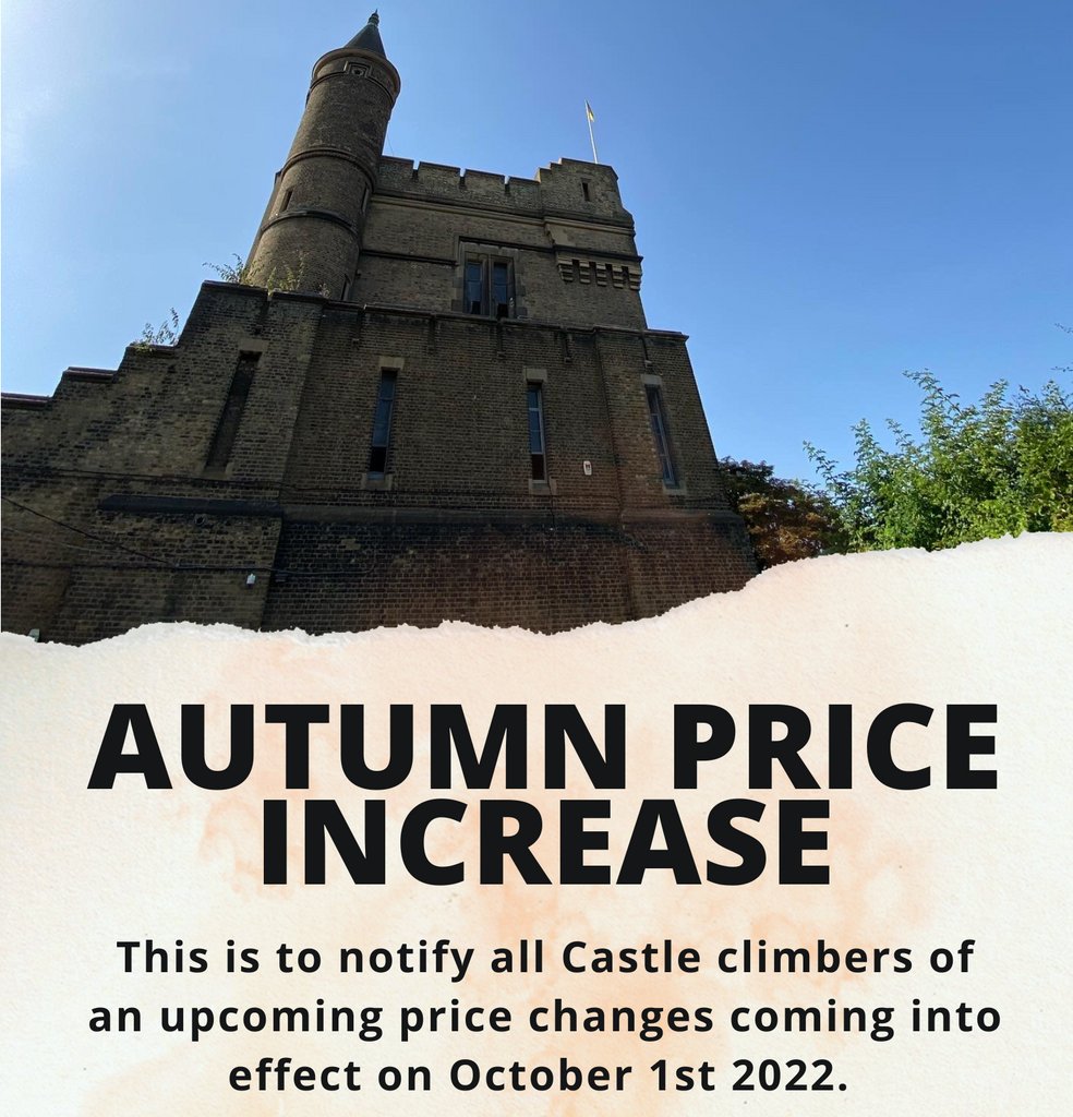 Final reminder that our new prices come into effect Saturday 1st of October (that's tomorrow!). 

To coincide with this change we will also be fully activating our new turnstiles.

We look forward to having you climbing at the Castle this autumn.