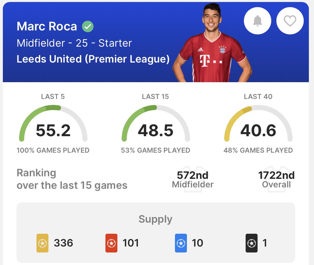 🎁 #Sorare Card GIVEAWAY!!! 🎁 

FIXTURES RETURN!
 
Our pick of the midweek is..

MARC ROCA ⭐️ 

To enter:
1️⃣ Follow <a href="/SorareEngland/">SorareEngland</a> 
2️⃣ RT 🔄
3️⃣ Like ❤️

⏰ deadline - Sun KO

>75 score = limited card winner! 🟡

#NFTGiveaway #Free #Giveaways #Contest #SorareGiveaway