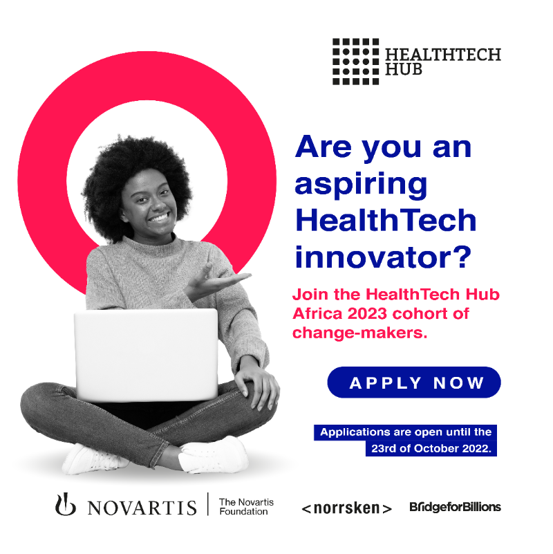 NovartisFDN's tweet photo. Are you pushing boundaries and creating impact in Africa with your health tech innovation?  

Apply before October 23 at https://t.co/p68wvypdwM for your chance to join the HealthTech Hub Africa 2023 cohort of change-makers. @NorrskenEA, @Bridge4Billions