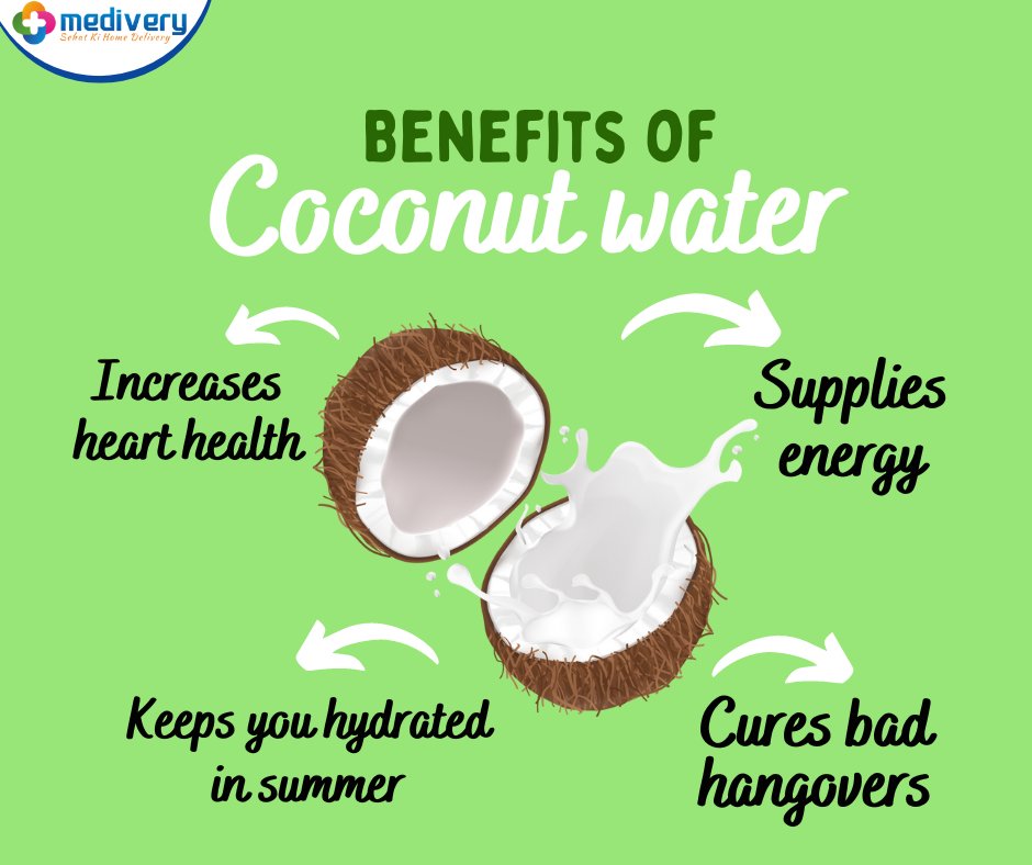 MediveryIn's tweet photo. Coconut water is very beneficial for our health, It keeps our stomachs healthy and also keeps our body cool in extreme heat. #coconutwater #drinkingcoconutwater #benefitsofcoconut #mediveryin #medivery #sehatkihomedelivery #coredigisolution https://t.co/EwjjnCMZHL