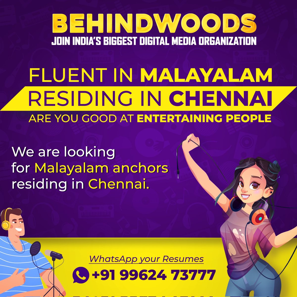 behindwoods's tweet photo. Hola Chettaas/Chechis in Chennai✨

Got a splendid fluency in MALAYALAM?

Then, Here's chance to be a VJ at Behindwoods 🔥

WhatsApp your resumes to +91 99624 73777 https://t.co/pnm7NT02ll